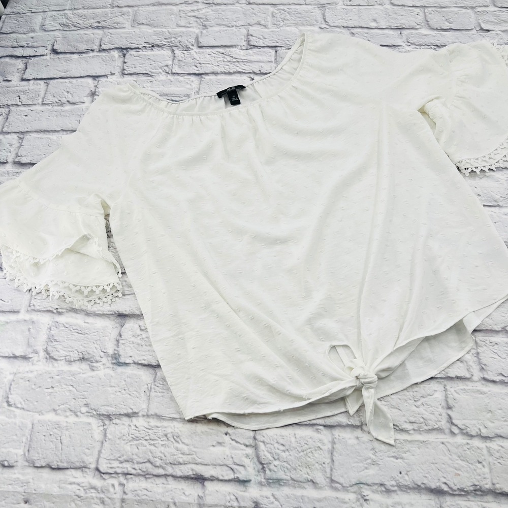 AGB Woman White Clip Dot Bell Sleeve Lace Trim Tie Front Blouse Top 1X